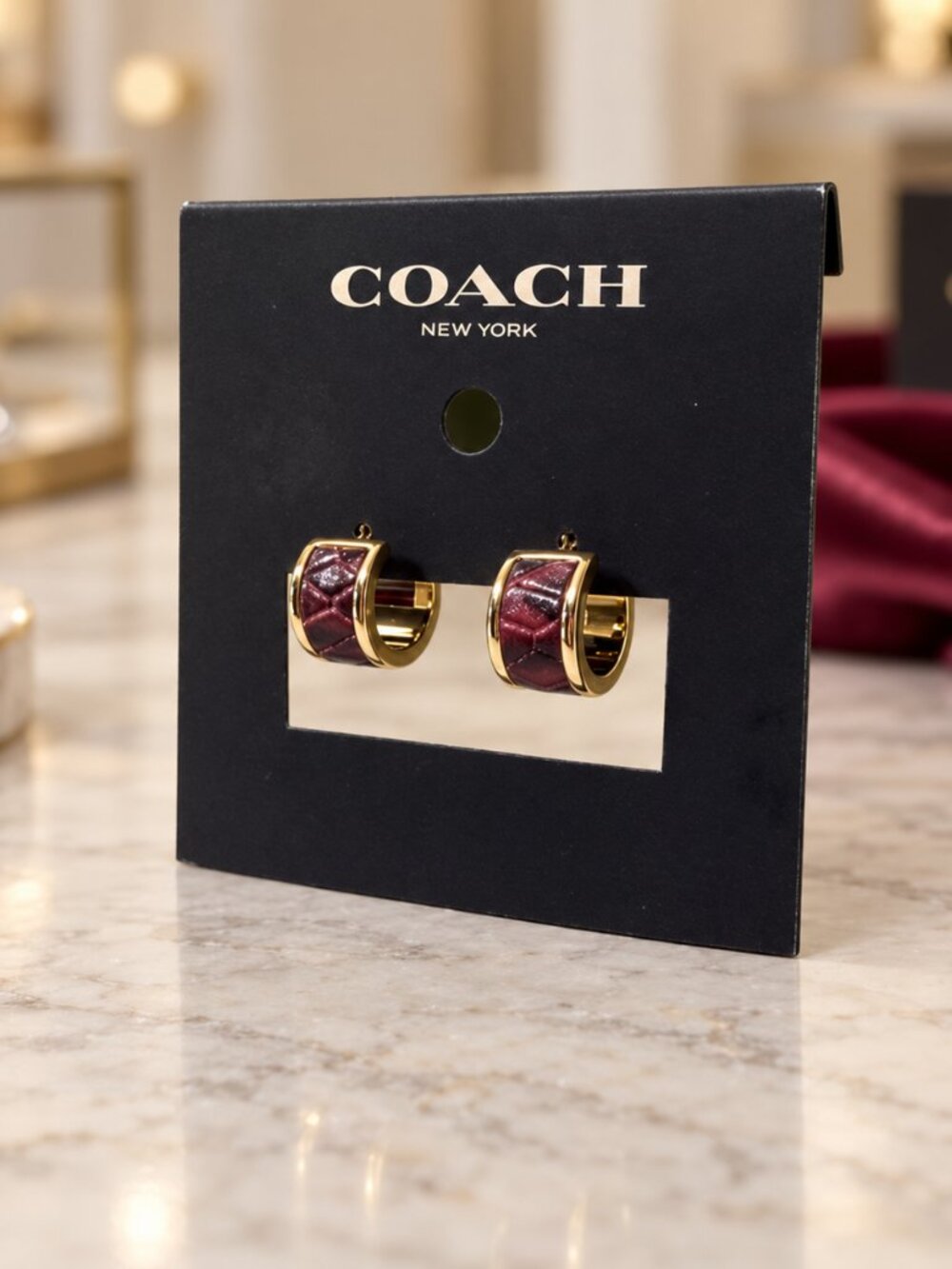 Coach Burgundy Snake-Embossed Leather Gold-Tone Hoop Earrings NWT - Picture 3 of 3